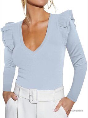 Women's Long Sleeve V Neck Ruffle Blouse Ribbed Knit Top